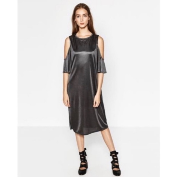 Zara Cold Shoulder Metallic Grey Bohemian Dress Size Large NWT - Picture 1 of 13